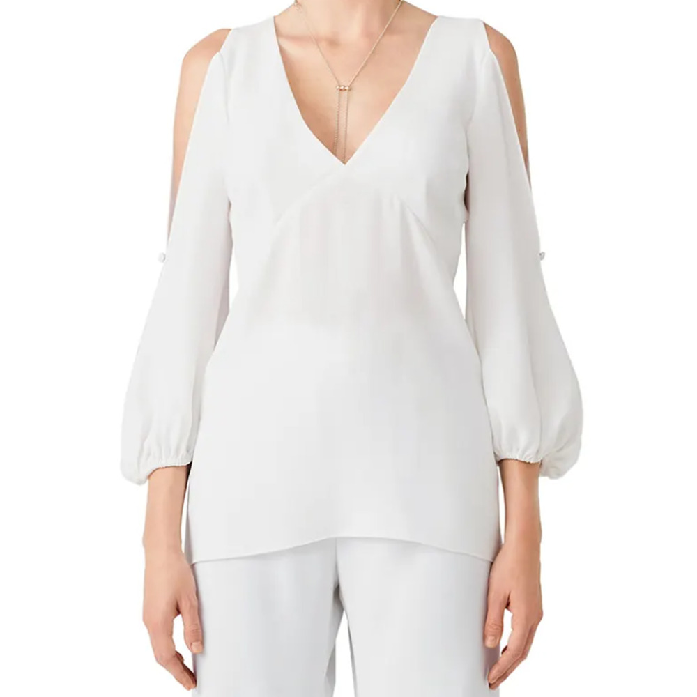 Shoshanna Hawarden Blouse Cold Shoulder V-Neck Women’s Size S White Crepe Top‎